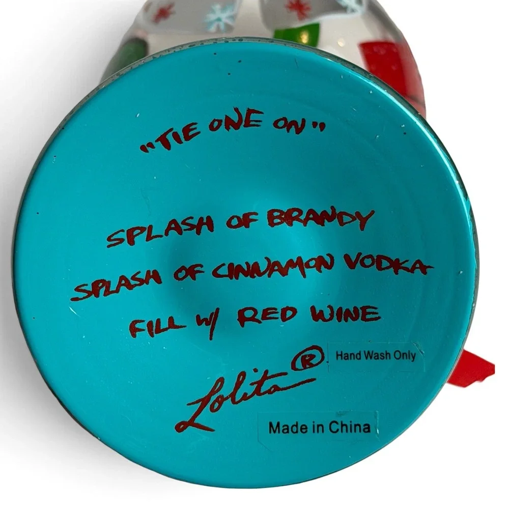 Lolita Tie One On Christmas Bow Hand Painted Wine Glass 15oz Boxed